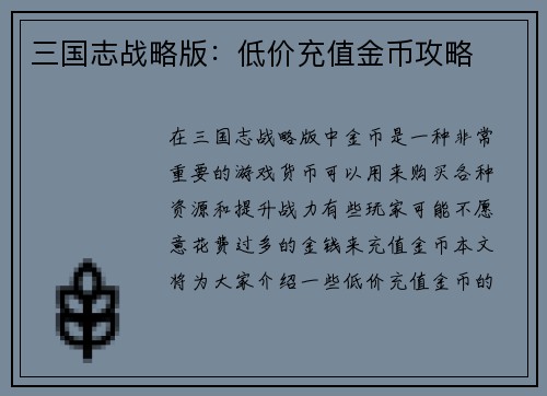 三国志战略版：低价充值金币攻略